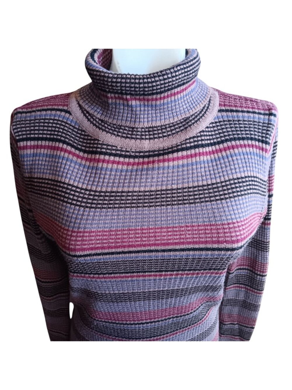Medium True Vintage Sweater Top Striped Turtleneck Ribbed Knit Womens 70's Boho